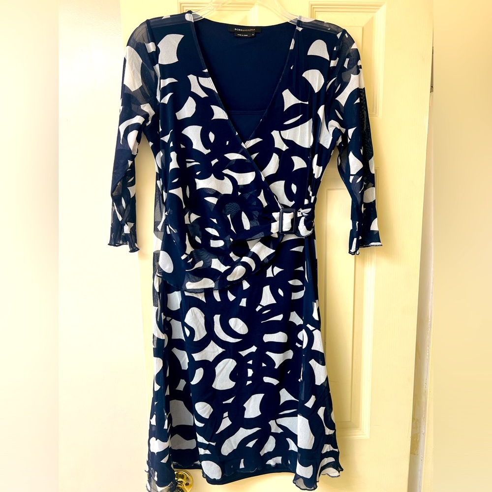 BCBG Max Azria Navy & White Wrap Dress Size M